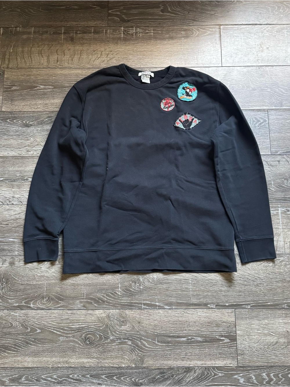 Lucky Brand Men's Black Crewneck Sweater with Embroidered Patch Accents